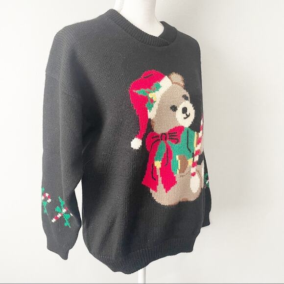 Charter Club vintage black wool Christmas holiday bear sweater size large - Picture 2 of 6
